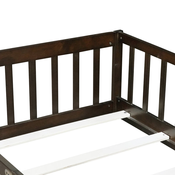 English Elm Twin Low Profile Rubberwood Floor Bed with Full Safety Fence for Toddler Rooms Espresso W504P429279