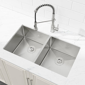 English Elm 33"x19" Handmade Stainless Steel Undermount Double Bowl Sink for Modern Kitchens T3177P296196
