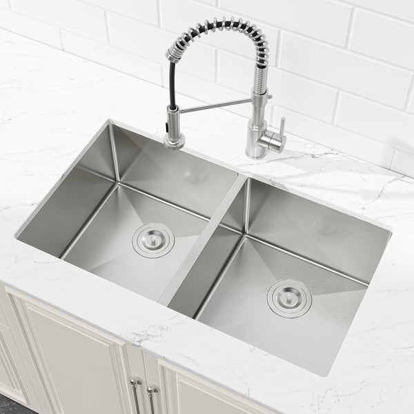 English Elm 33"x19" Handmade Stainless Steel Undermount Double Bowl Sink for Modern Kitchens T3177P296196