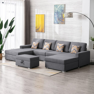 English Elm Nereo Gray Linen Double Chaise Sectional with Storage Ottoman for Spacious Living B2749S00126