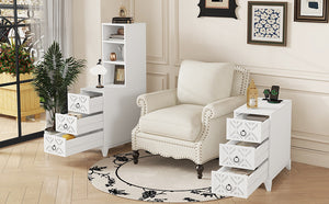 English Elm End Table With 3 Drawers And 2 Open Shelves - Stylish Corner Side Table With Charging Ports In White W2593P289147