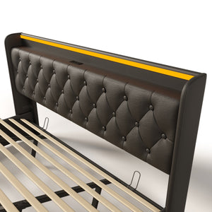 English Elm King Upholstered Bed with Surround LED, App/Remote Control, Hydraulic Storage, USB Type-C Charging Black N736P188808B