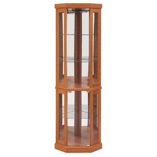 English Elm Lighted Corner Curio Cabinet - Elegant Dark Oak Display Case For Collectibles, Glassware & Decor W1758P300106