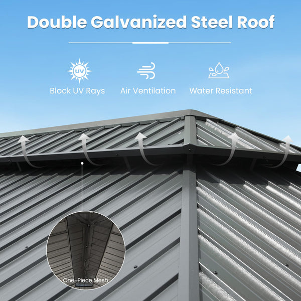 English Elm 14' X 22' Hardtop Gazebo with Drainage System, Dual-Layer Galvanized Roof, Curtains & Mesh Protection Grey W1859S00153