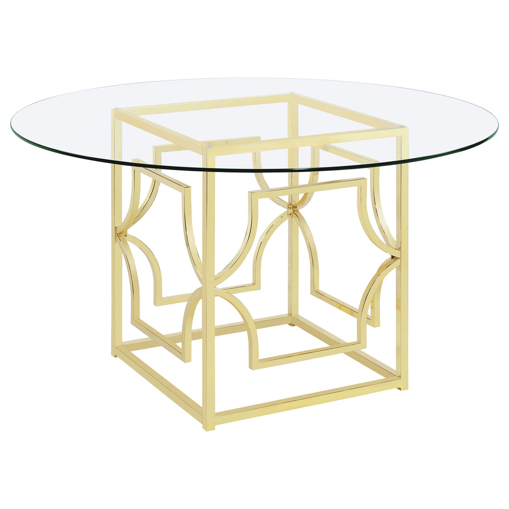 English Elm Krista Round Tempered Glass Dining Table with Geometric Brass Sculpted Base B062S01826