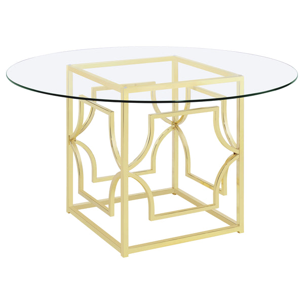 English Elm Krista Round Tempered Glass Dining Table with Geometric Brass Sculpted Base B062S01826