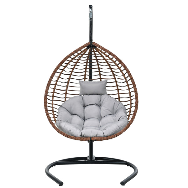English Elm U_style Wicker Hanging Egg Chair with Stand Foldable Indoor Outdoor Swing Seat Brown+Gray N711P389502G