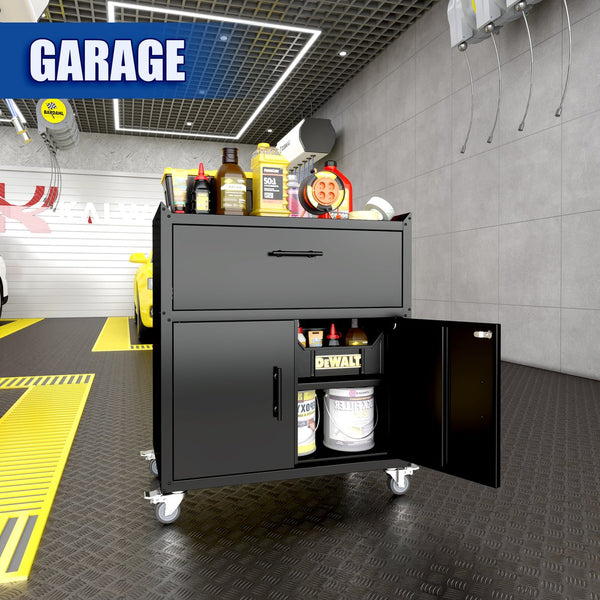English Elm 2 Door Locking Steel Garage Cabinet on Wheels with Drawer and Adjustable Shelving W1831P286301