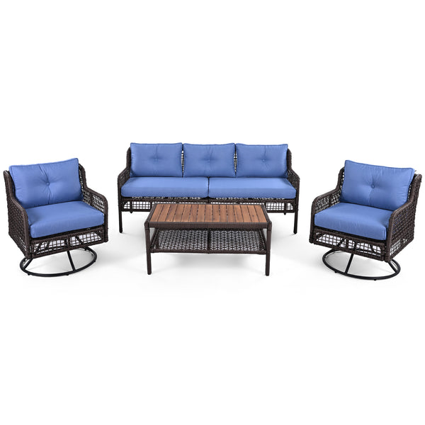 English Elm GO 4 Pieces Outdoor Acacia Wood Sofa Set with Removable Cushions, Woven Armrests & Coffee Table Blue N704G201247C