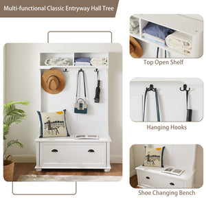 English Elm Modern Classic Hall Tree with Solid Poplar Feet, Double Hooks, Shoe Bench & Antique Hardware Organizer White W2275P210038