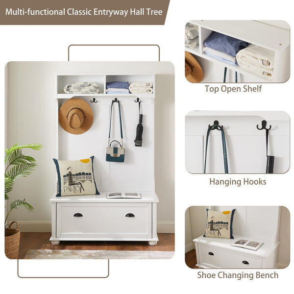 English Elm Modern Classic Hall Tree with Solid Poplar Feet, Double Hooks, Shoe Bench & Antique Hardware Organizer White W2275P210038