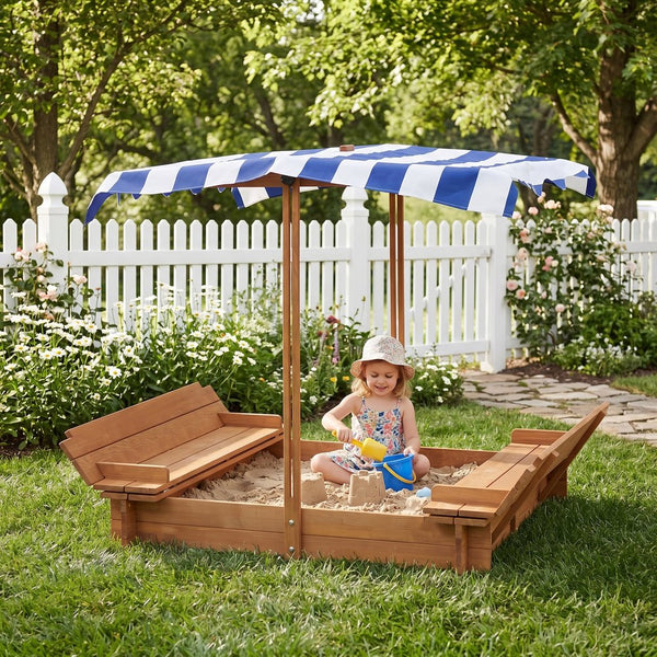 English Elm Kids Cedar Sandbox with Adjustable Canopy Corner Seating Outdoor Backyard Play D720094432