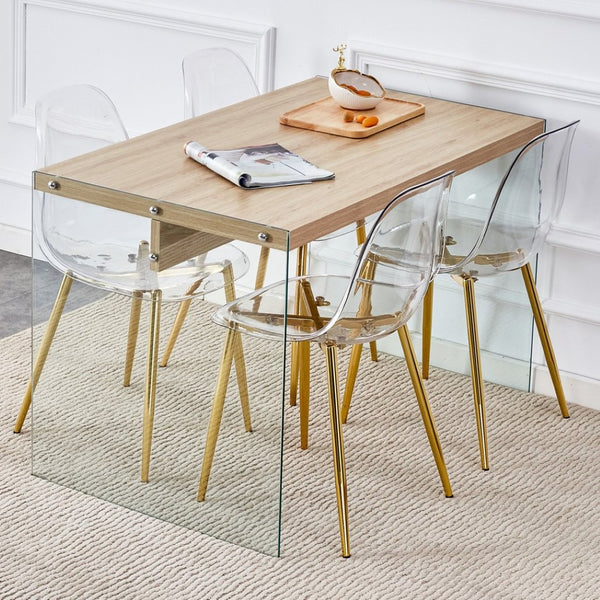 English Elm Table And Chair Set - Modern Wood Texture Mdf Coffee Table With Glass Legs & 4 Transparent Chairs W1151S02076-GIGA