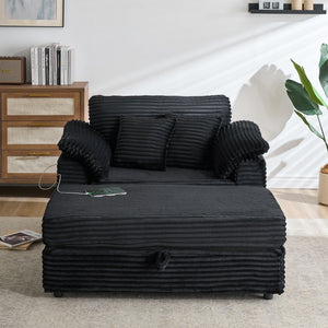 English Elm 47.24-inch corduroy armchair with storage ottoman and USB ports, spring seat, solid wood frame lounge Black W3356S00023