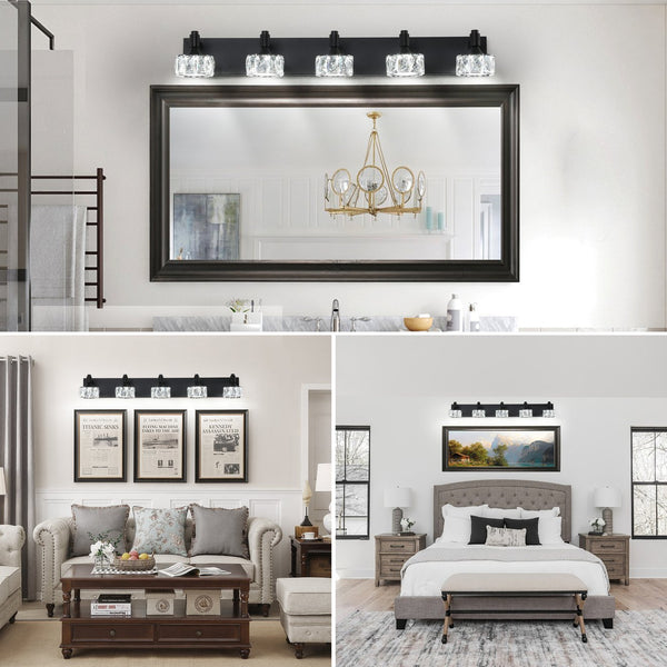 English Elm Modern 5-Light Matte Black LED Vanity Light with Crystal Shades, Dimmable 6000K 1625LM Bath Sconce W2312P374903