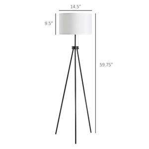 English Elm HOMCOM Tripod Floor Lamp 59.75" with Pull Chain, Black Fabric Shade, E26 Socket, Stable Steel Design W2225P217293