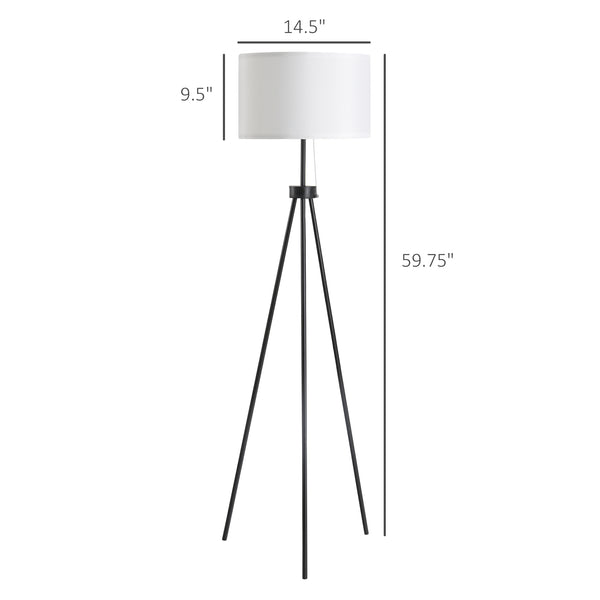 English Elm HOMCOM Tripod Floor Lamp 59.75" with Pull Chain, Black Fabric Shade, E26 Socket, Stable Steel Design W2225P217293