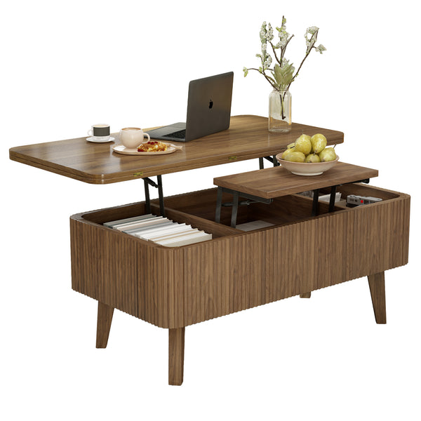 English Elm 3 in 1 Oval Lift Top Coffee Table Fluted Wood Storage Converts for Living Room W2641P422965