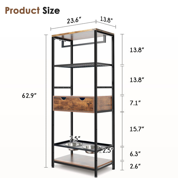 English Elm dog Feeding Station with 3 Adjustable Heights, Stainless Bowls, Spacious Storage Shelves & Drawer – Black Vintage W1687138476