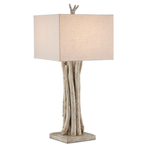 Driftwood Rustic Whitewash Table Lamp with Off-White Linen Shade - Handcrafted Natural Decor Accent