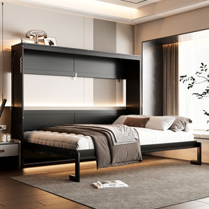 English Elm Queen-size Murphy Wall Bed with Led Ambient Lighting Usb Outlet and Graphic Panel Black LP000357AAB
