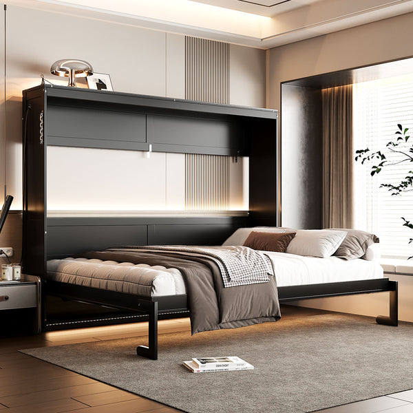 English Elm Queen-size Murphy Wall Bed with Led Ambient Lighting Usb Outlet and Graphic Panel Black LP000357AAB