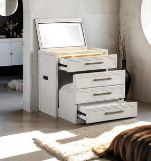 English Elm Bedside Vanity Set with LED Mirror, Jewelry Storage, Charging Ports, Felt Lined Tray, Stool Storage White 34 L x 22 W x 39 H B2741P380817