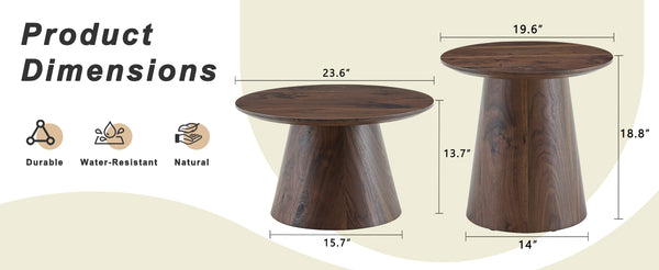 English Elm Nested Round Coffee Table Set with Wood Grain Mdf Top for Modern Living Rooms Walnut W2920S00116