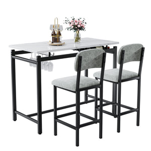 English Elm Modern Bar Table Set for 2 with Marble-Style MDF Top, Sturdy Steel Frame, Cushioned PU Chairs, Grey/Black Finish W578P150070