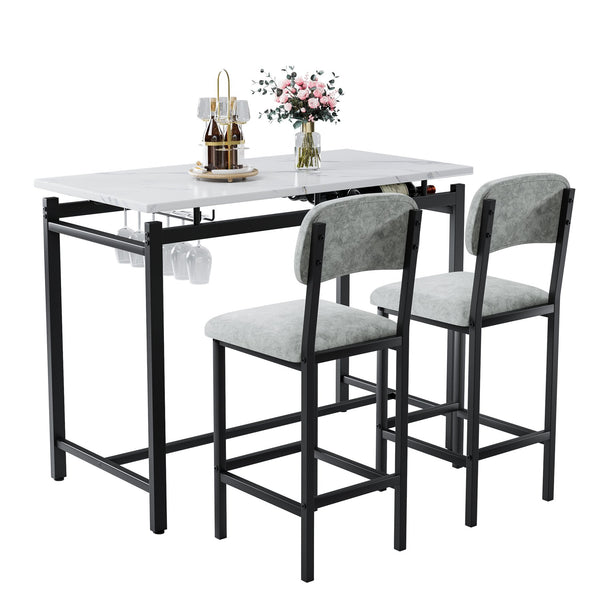 English Elm Modern Bar Table Set for 2 with Marble-Style MDF Top, Sturdy Steel Frame, Cushioned PU Chairs, Grey/Black Finish W578P150070