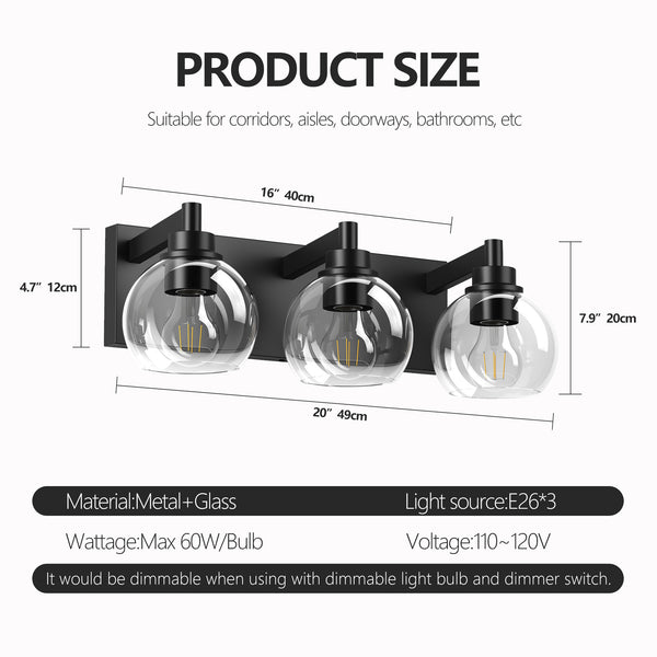 English Elm Bathroom Vanity Light - Modern 3-Light Fixture With Clear Glass Shades & Matte Black Metal Base W1340P353039