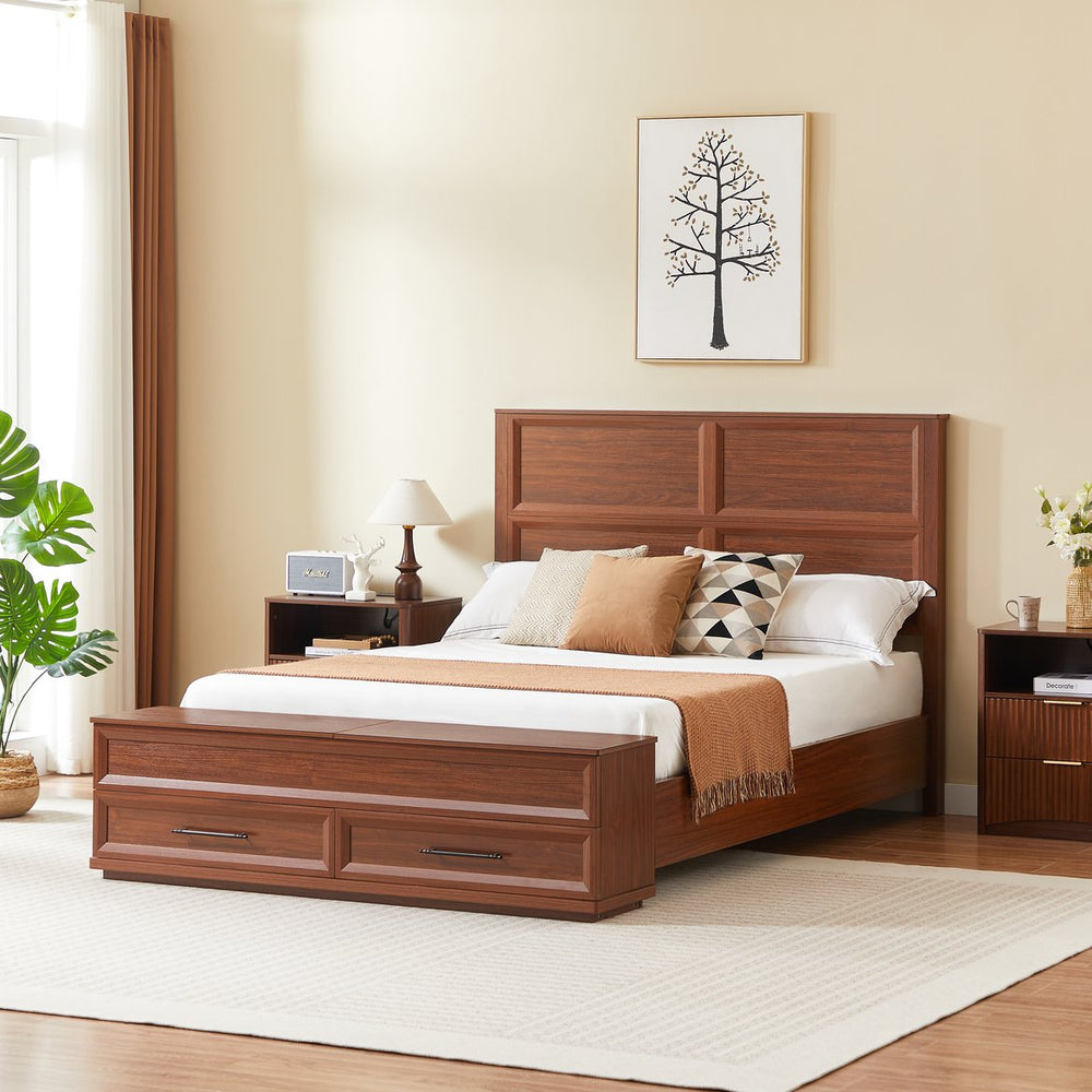 English Elm Queen Storage Bed with Geometric 3d Headboard Four Drawers and Walnut Finish W1820S00045