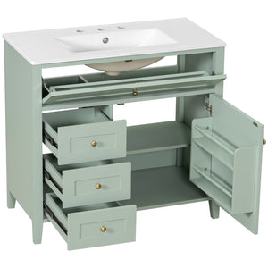 English Elm 36-Inch Green Bathroom Vanity With Sink - Modern Mdf & Rubberwood Freestanding Storage Solution N725P350821F