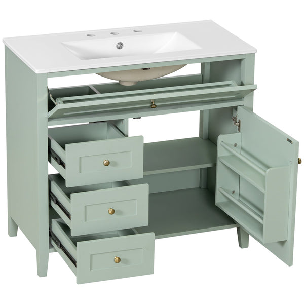 English Elm 36-Inch Green Bathroom Vanity With Sink - Modern Mdf & Rubberwood Freestanding Storage Solution N725P350821F