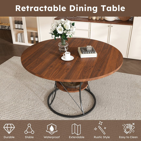 English Elm 43 Inch Expandable Round Dining Table Walnut Veneer Seats Six with Metal Storage Shelf Walnut+Black W2700P411580