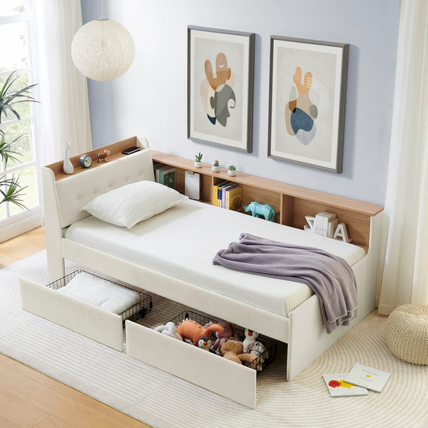 English Elm Twin Size Velvet Day Bed With Storage Drawers, Wireless Charging & Led Lights - Elegant & Functional W1413S00109-GIGA