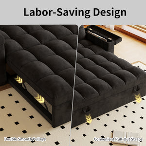 English Elm 65-inch Velvet Convertible Sleeper Sofa with Usb Port Storage Armrests Adjustable Back Black W2564S00114