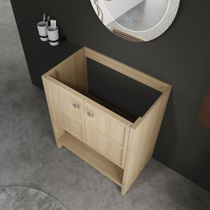 English Elm 30" Freestanding modern oak bathroom vanity with integrated basin, soft-close doors & open shelf storage, plywood construction W1972P268403