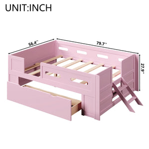 English Elm Wood Twin Platform Bed for Kids with Fence Guardrail and Under Storage Drawer Pink N709P385776H
