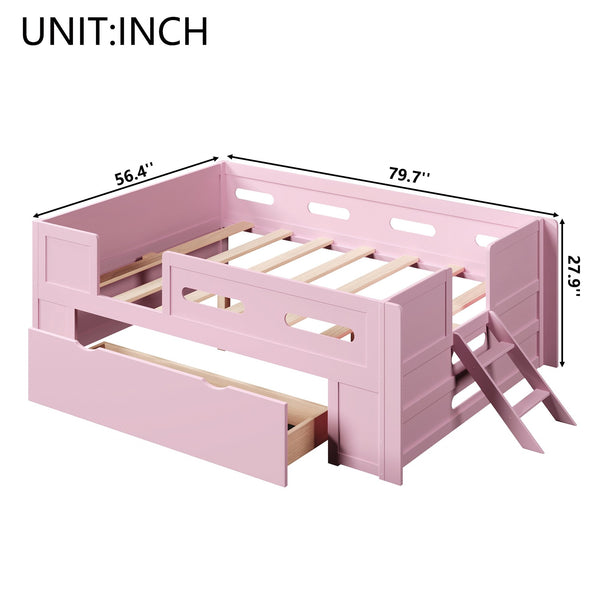 English Elm Wood Twin Platform Bed for Kids with Fence Guardrail and Under Storage Drawer Pink N709P385776H