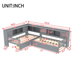 English Elm L-shaped Twin Platform Bed with Trundle, Solid Wood Corner Sleeper with Drawers, Shelves, No Box Spring Needed Grey W1580S00260