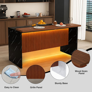 English Elm 63" Modern Kitchen Island with Black Marble-Look Surface, LED Ambient Lighting & Grille Accent Walnut+black W2699P365915