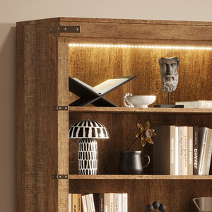 English Elm 83.4"Tall Modern Bookshelf with Doors Walnut, LED Accent Lighting, 3 Adjustable Shelves, Storage Cabinet N751S346154W