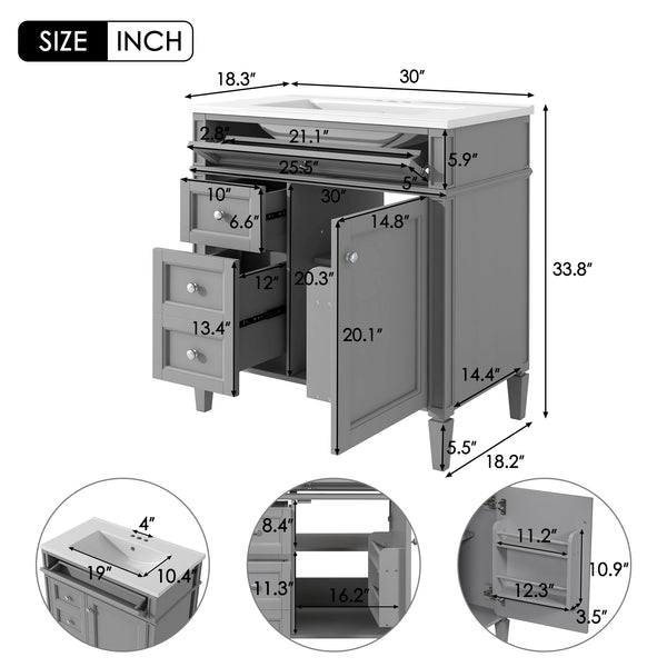 English Elm 30'' Modern Bathroom Vanity With Ceramic Sink, 2 Smooth-Glide Drawers & Tip-Out Compartment Storage N710P206904E