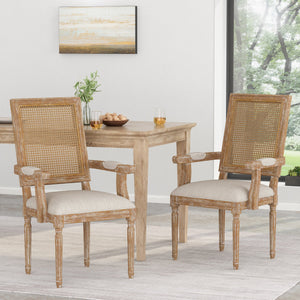 English Elm Dining Chairs Set of 2 Cane Back Rubberwood Armchair French Country Upholstered Seat N769P433301M