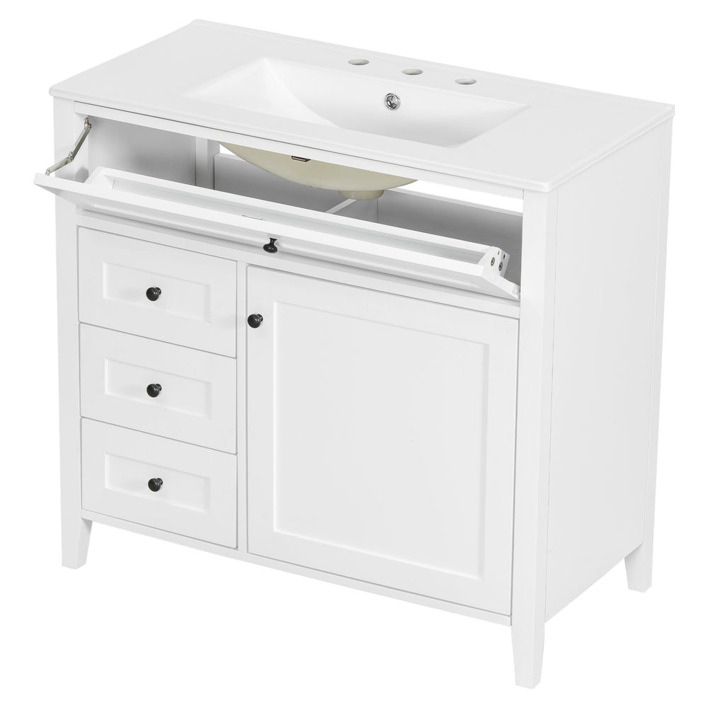 English Elm 36-Inch White Bathroom Vanity With Sink, Modern Mdf & Rubberwood, 3 Drawers & Adjustable Shelf Storage N725P350821K