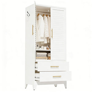 English Elm White Steel Freestanding Wardrobe Cabinet with Rod and Shelves for Dorm or Apartment T2398P480393