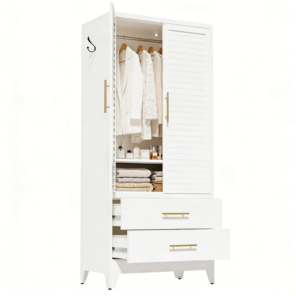 English Elm White Steel Freestanding Wardrobe Cabinet with Rod and Shelves for Dorm or Apartment T2398P480393