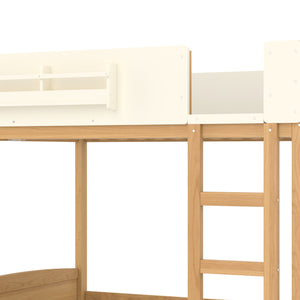 English Elm Queen Bunk Bed with Trundle Solid Pine Kids Car Themed Frame Built-in Bookshelf Natural+Beige W1580S00449
