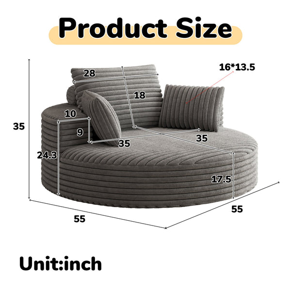 English Elm 55''l 55'l Faux Rabbit Fur Corduroy Swivel Lounge Chair Cloud Foam Seat for Bedroom Grey W834S00449